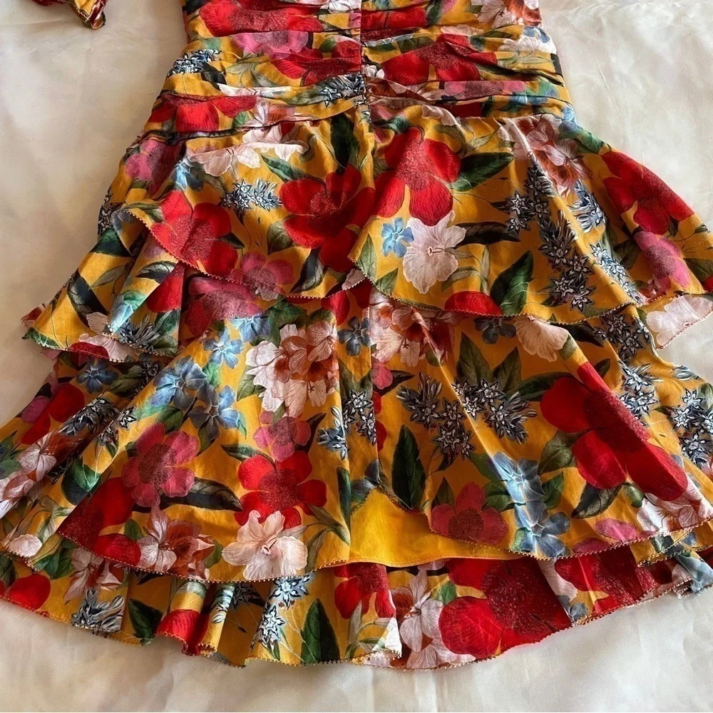 NICHOLAS- Orange Tangerine Floral Puff Sleeve Pintuck Mini Dress Size 4